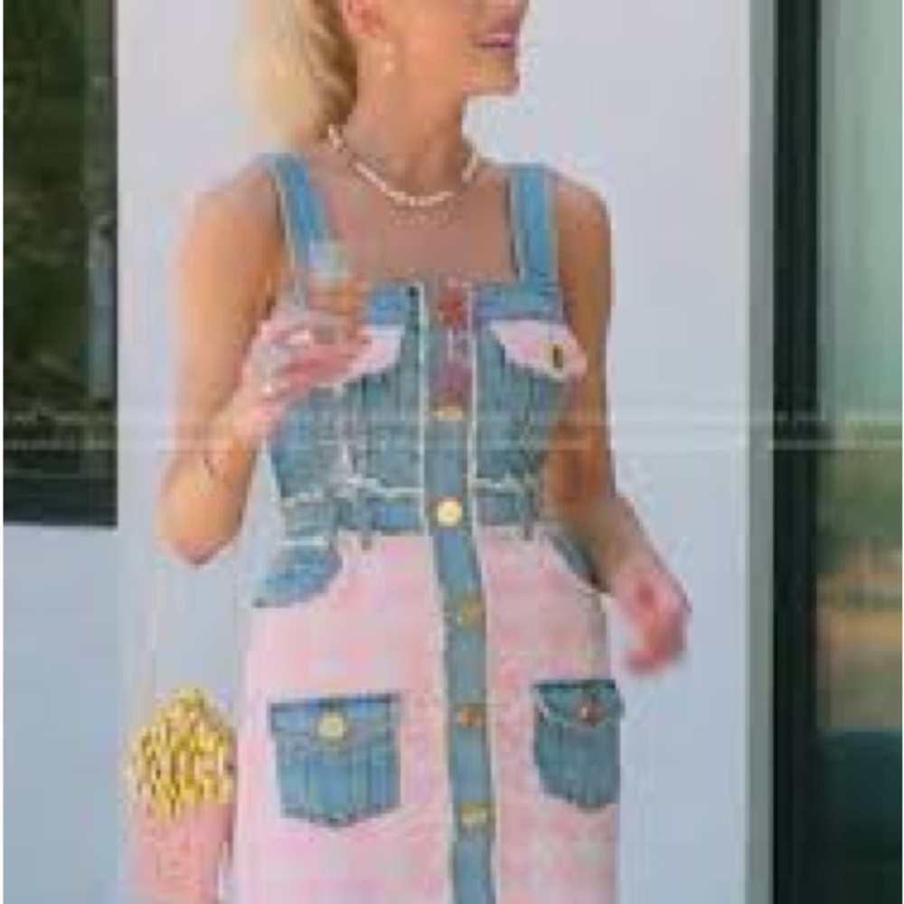 Balmain Paris Denim & Pink Tweed Houndstooth Mini Dress with Gold Buttons - Picture 6 of 13